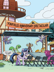 Size: 768x1024 | Tagged: safe, artist:pencils, idw, carrot top, derpy hooves, golden harvest, spoiler:comic, spoiler:comic79, banner, preview, stage