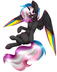 Size: 3145x3985 | Tagged: safe, artist:montyowl, oc, oc only, oc:flaming rainbow, alicorn, pony, alicorn oc, colored wings, female, grin, heterochromia, mare, multicolored wings, simple background, smiling, solo, spread wings, transparent background