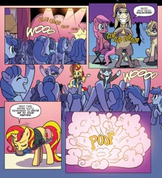 Size: 798x876 | Tagged: safe, artist:pencils, idw, cranky doodle donkey, sunset shimmer, donkey, pony, unicorn, spoiler:comic, spoiler:comic79, background pony, bass guitar, blue beats, female, filly, horse puns, key note, male, mare, musical instrument, stallion, sunset shredder, synthcord, unnamed pony