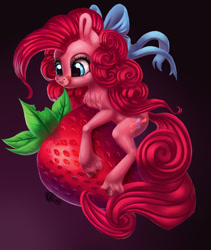 Size: 1024x1214 | Tagged: safe, artist:runettamontbelle, pinkie pie, earth pony, pony, bow, chest fluff, food, hair bow, hug, licking, licking lips, micro, solo, strawberry, tongue out, unshorn fetlocks