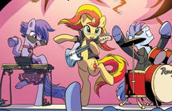 Size: 797x516 | Tagged: safe, artist:pencils, idw, sunset shimmer, earth pony, pony, unicorn, spoiler:comic, spoiler:comic79, bass guitar, bipedal, blue beats, dexterous hooves, drum kit, drums, female, guitar, hoof hold, human pose, key note, keyboard, male, mare, musical instrument, stallion, sunset shredder, synthcord, trio