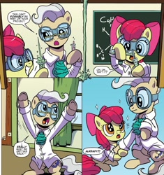 Size: 796x848 | Tagged: safe, artist:pencils, idw, apple bloom, mayor mare, earth pony, pony, spoiler:comic, spoiler:comic79, bow, chalkboard, clothes, exclamation point, hair bow, interrobang, lab coat, question mark