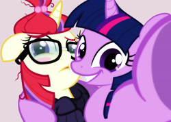 Size: 4500x3200 | Tagged: safe, artist:zigrock, moondancer, twilight sparkle, amending fences, :t, adorkable, blushing, boop, cute, dancerbetes, dork, embarrassed, female, floppy ears, frown, glasses, grin, lesbian, selfie, shipping, show accurate, side hug, smiling, squee, squishy cheeks, twiabetes, twidancer