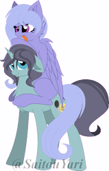 Size: 463x727 | Tagged: safe, artist:t-aroutachiikun, oc, oc only, oc:grand stage, oc:papillion, pegasus, pony, unicorn, female, male, mare, ponies riding ponies, simple background, stallion, transparent background