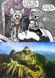 Size: 623x874 | Tagged: safe, artist:pencils, limestone pie, oc, oc:anon, oc:saltsimmer talltail, comic, highly inaccurate, machu picchu, monochrome