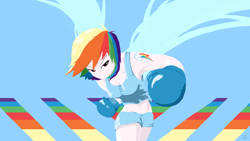 Size: 1920x1080 | Tagged: safe, artist:7doran, rainbow dash, human, armpits, boxing, boxing gloves, clothes, ethereal wings, humanized, looking at you, midriff, muscles, offscreen character, pov, punch, smirk, solo, sports bra, sports shorts, tanktop