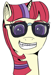 Size: 590x858 | Tagged: safe, artist:flutteriot, moondancer, braces, glasses, solo