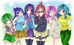 Size: 900x558 | Tagged: safe, artist:kiriche, lemon hearts, minuette, moondancer, spike, twilight sparkle, twinkleshine, human, amending fences, anime, belt, canterlot five, clothes, humanized, pants, shorts, skirt