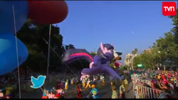 Size: 1280x720 | Tagged: safe, twilight sparkle, twilight sparkle (alicorn), alicorn, pony, chile, giant pony, inflatable, irl, latin american, macro, meta, parade, parade balloon, paris parade, photo, twitter