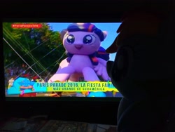 Size: 4160x3120 | Tagged: safe, rainbow dash, twilight sparkle, twilight sparkle (alicorn), alicorn, pony, absurd resolution, balloon, chile, giant pony, irl, latin american, macro, parade, parade balloon, photo, plushie, television, tv show