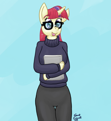 Size: 1599x1737 | Tagged: safe, artist:short circuit, moondancer, anthro, unicorn, amending fences, book, clothes, sweater, twibrow