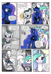 Size: 1331x1920 | Tagged: safe, artist:pencils, cloudy quartz, maud pie, princess celestia, princess luna, oc, oc:anon, alicorn, earth pony, human, pony, comic:anon's pie adventure, adoraquartz, anon ride, blushing, bracer, clothes, comic, crown, cute, cutelestia, dock, dress, eyeshadow, female, glasses, hair bun, holding a pony, horseshoes, human male, jewelry, lunabetes, makeup, male, mare, maudabetes, moonbutt, necklace, necktie, nose wrinkle, pants, praise the moon, praise the sun, regalia, royal sisters, shirt, smiling, sunbutt, user meltdown in the comments, varying degrees of want, when she smiles