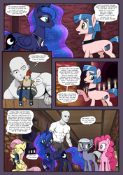 Size: 1355x1920 | Tagged: safe, artist:pencils, derpibooru import, fluttershy, limestone pie, pinkie pie, princess luna, oc, oc:anon, oc:scribe inksy, alicorn, chicken, earth pony, human, pegasus, pony, comic:anon's pie adventure, bracer, candle, choker, clerical robes, clothes, comic, crown, cute, derp, eye contact, eyes closed, female, frown, grin, gritted teeth, horseshoes, hug, human male, jewelry, looking at each other, lunar disciples, male, mare, necklace, open mouth, pants, pinkie thighs, raised hoof, regalia, scarf, shirt, sitting, smiling, speech bubble, stallion, thought bubble