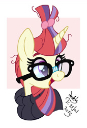 Size: 890x1300 | Tagged: safe, artist:joakaha, moondancer, pony, unicorn, amending fences, bust, clothes, cute, dancerbetes, female, glasses, happy, mare, messy mane, open mouth, open smile, portrait, shirt, smiling, solo, sweater