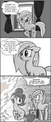 Size: 814x1920 | Tagged: safe, artist:pencils, oc, oc only, oc:brownie bun, oc:merry bakes, :t, comic, curtains, fire, grayscale, jewelry, missing cutie mark, monochrome, necklace, panic, pearl necklace, sad, screaming, scrunchy face, smiling, thought bubble, window, xk-class end-of-the-kitchen scenario