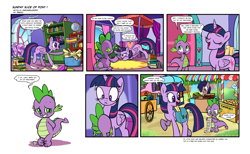 Size: 1920x1181 | Tagged: safe, artist:pencils, spike, twilight sparkle, twilight sparkle (alicorn), oc, alicorn, dragon, pony, comic:sunday slice of pony, book, checklist, comic, eye twitch, fabric, globe, logic bomb, mind break, shopping, toilet paper