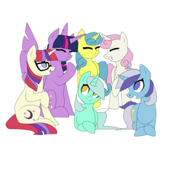 Size: 1024x1024 | Tagged: safe, artist:alliecorn, lemon hearts, lyra heartstrings, minuette, moondancer, twilight sparkle, twilight sparkle (alicorn), twinkleshine, alicorn, amending fences, canterlot six, simple background, transparent background