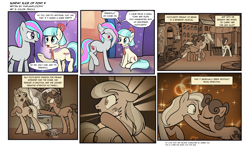 Size: 1920x1181 | Tagged: safe, artist:pencils, coco pommel, oc, oc:footlights, oc:sweet dream, pony, comic:sunday slice of pony, abusive relationship, beauty mark, broken, comic, flashback, flower, jewelry, kissing, mirror, necklace, pearl necklace, sepia, sitting, slap