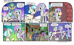 Size: 1280x787 | Tagged: safe, artist:pencils, coco pommel, oc, oc:sweet dream, earth pony, pegasus, pony, comic:sunday slice of pony, bridge, brushing, brushing mane, comic, dialogue, female, hairbrush, happy, male, mare, mirror, sad, stallion, trailer