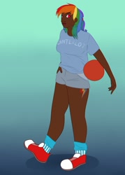 Size: 755x1057 | Tagged: safe, artist:bellalysewinchester, rainbow dash, human, ball, breasts, chubby, clothes, converse, dark skin, female, humanized, shoes, solo