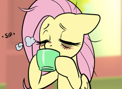 Size: 567x415 | Tagged: safe, artist:pencils, derpibooru import, edit, fluttershy, pegasus, pony, coffee, cropped, morning ponies, sleepy, solo, tired