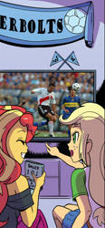 Size: 575x1241 | Tagged: safe, artist:pencils, edit, idw, applejack, sunset shimmer, human, pegasus, equestria girls, spoiler:comic, spoiler:comicequestriagirlsmarchradness, argentina, boca juniors, cropped, irl, irl human, photo, river plate, television