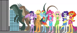 Size: 2126x927 | Tagged: safe, artist:kingshisa08, artist:osipush, applejack, fluttershy, pinkie pie, rainbow dash, rarity, sunset shimmer, twilight sparkle, equestria girls, building, eqg giants, godzilla (gts), humane five, humane seven, humane six, komodithrax, macro, mane six, ponied up, size comparison, zilla junior