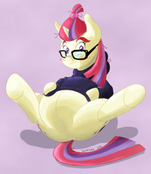 Size: 889x1024 | Tagged: safe, artist:symplefable, moondancer, amending fences, belly, blushing, clothes, featureless crotch, glasses, pregnant, solo, sweater