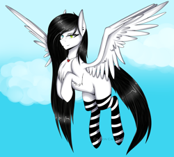 Size: 3992x3608 | Tagged: safe, artist:cannoncar, oc, oc only, oc:oreo, pegasus, pony, art trade, chest fluff, clothes, cloud, ear piercing, female, heterochromia, jewelry, looking at you, mare, pendant, piercing, sky, smiling, socks, solo, spread wings, striped socks