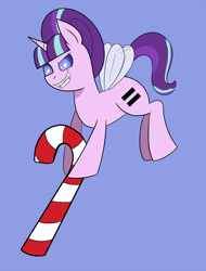 Size: 1280x1684 | Tagged: safe, artist:metamorphean, derpibooru exclusive, starlight glimmer, parasprite, blue background, candy, candy cane, christmas, evil, evil grin, fangs, flying, food, grin, micro, paraspritized, simple background, smiling, solo, species swap