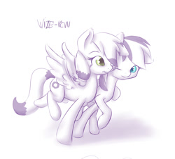 Size: 904x816 | Tagged: safe, artist:alasou, oc, oc only, oc:infinity flame, oc:storm feather, pegasus, pony, monochrome, one eye closed, partial color, simple background, white background