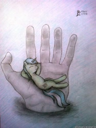 Size: 1944x2592 | Tagged: safe, artist:ponystarpony, lyra heartstrings, hand, in goliath's palm, micro, sitting, traditional art