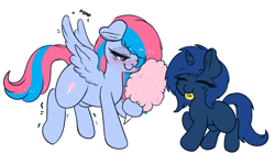 Size: 4510x2694 | Tagged: safe, artist:wickedsilly, oc, oc only, oc:fairy floss, oc:starlight blossom, pegasus, pony, unicorn, absurd resolution, bit, blushing, coin, cotton candy, cute, female, filly, pomf, shaking, simple background, smiling, spread wings, white background, wingboner