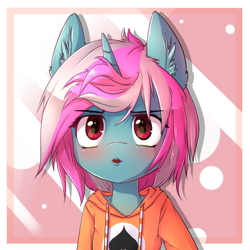 Size: 650x650 | Tagged: safe, artist:hoodie, oc, oc only, oc:card sadic, pony, semi-anthro, abstract background, bust, clothes, collar, ear fluff, hoodie, looking at you, open mouth, solo