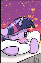 Size: 1249x1920 | Tagged: safe, artist:pencils, twilight sparkle, pony, unicorn, blushing, cute, female, heart, looking at you, mare, one eye closed, pillow, solo, twiabetes