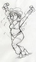 Size: 598x1024 | Tagged: safe, artist:ssakurai, pinkie pie, human, aerobics, armpits, chubby, clothes, exercise, gym uniform, headband, humanized, monochrome, pencil drawing, plump, solo, sports bra, sweat, traditional art, wristband