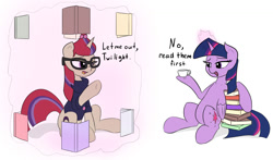 Size: 1359x800 | Tagged: safe, artist:augustbebel, moondancer, twilight sparkle, twilight sparkle (alicorn), alicorn, pony, book, book cell, bookhorse, coffee, dialogue, female, magic, mare, that pony sure does love books