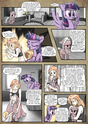 Size: 1363x1920 | Tagged: safe, artist:pencils, twilight sparkle, twilight sparkle (alicorn), oc, oc:mascara maroon, oc:papyra maroon, alicorn, earth pony, pony, satyr, comic:anon's pie adventure, clothes, comic, cross-popping veins, female, filly, glare, holding a pony, hug, mare, scrunchy face, shirt, underhoof