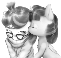 Size: 760x729 | Tagged: safe, artist:zippysqrl, moondancer, twilight sparkle, twilight sparkle (alicorn), alicorn, pony, clothes, cute, dancerbetes, eyes closed, female, fluffy, glasses, grayscale, kiss on the cheek, kissing, lesbian, mare, monochrome, shipping, smiling, sweater, twiabetes, twidancer