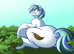 Size: 1280x940 | Tagged: safe, artist:askcolorflare, oc, oc only, oc:snap feather, oc:star bright, pony, unicorn, commission, giant pony, macro, plot, pov, scenery, signature, sitting, the ass was fat, tree, underhoof