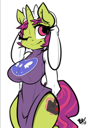 Size: 606x866 | Tagged: safe, artist:bbsartboutique, derpibooru import, oc, oc only, oc:arcade fever, anthro, unicorn, big breasts, breasts, clothes, cosplay, costume, futa, horn, intersex, one eye closed, simple background, solo, toriel, undertale, white background, wink