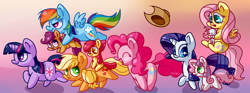 Size: 3500x1300 | Tagged: safe, artist:zoiby, angel bunny, apple bloom, applejack, fluttershy, pinkie pie, rainbow dash, rarity, scootaloo, sweetie belle, twilight sparkle, earth pony, pegasus, pony, unicorn, chibi, chubby, cute, cutie mark crusaders, female, filly, hat, holding a pony, mane six, ponies riding ponies, scootalove