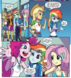 Size: 1939x2123 | Tagged: safe, artist:pencils, idw, applejack, fluttershy, pinkie pie, rainbow dash, sunset shimmer, equestria girls, spoiler:comic, spoiler:comicequestriagirlsmarchradness, clothes, compliment, congratulation, denim skirt, happy, leggings, skirt, sleeveless, smiling