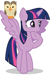 Size: 1030x1546 | Tagged: safe, owlowiscious, twilight sparkle, twilight sparkle (alicorn), alicorn, owl, pony, cute, female, hoof on chin, mare, official, raised hoof, simple background, smiling, spread wings, transparent background, twiabetes, underhoof, wings