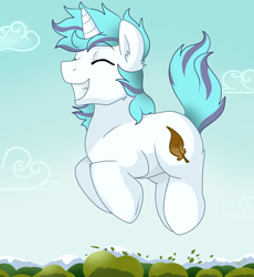 Size: 1662x1807 | Tagged: safe, artist:pridark, oc, oc only, oc:snap feather, pony, unicorn, commission, cute, eyes closed, fluffy, giant pony, grin, happy, jumping, macro, male, mountain, pronking, smiling, solo, squee, tree