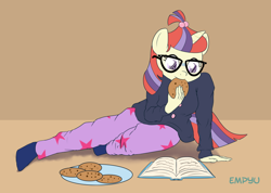 Size: 1000x712 | Tagged: safe, artist:empyu, moondancer, anthro, adorkable, book, clothes, cookie, cute, dancerbetes, dork, eating, glasses, reading, socks, solo