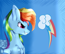 Size: 6000x5000 | Tagged: safe, artist:bladedeehunter, rainbow dash, pegasus, pony, absurd resolution, bust, cutie mark background, grin, profile, smiling, solo