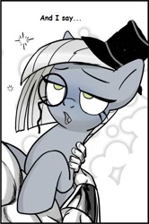 Size: 414x623 | Tagged: safe, artist:pencils, edit, limestone pie, oc, oc:anon, earth pony, human, pony, comic:anon's pie adventure, cropped, female, hat, i say, mare, monocle, monocle and top hat, top hat