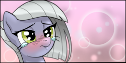 Size: 1919x957 | Tagged: safe, artist:pencils, limestone pie, pony, comic:anon's pie adventure, blushing, cropped, crying, cute, embarrassed, limabetes, lip bite, woobie