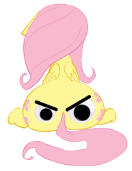 Size: 436x564 | Tagged: safe, artist:okiedokielowkey, edit, fluttershy, pegasus, pony, angry eyes, chubby, floppy ears, flutterbutt, glare, googly eyes, looking at you, plot, simple background, sitting, solo, stare, the ass was fat, wat, white background